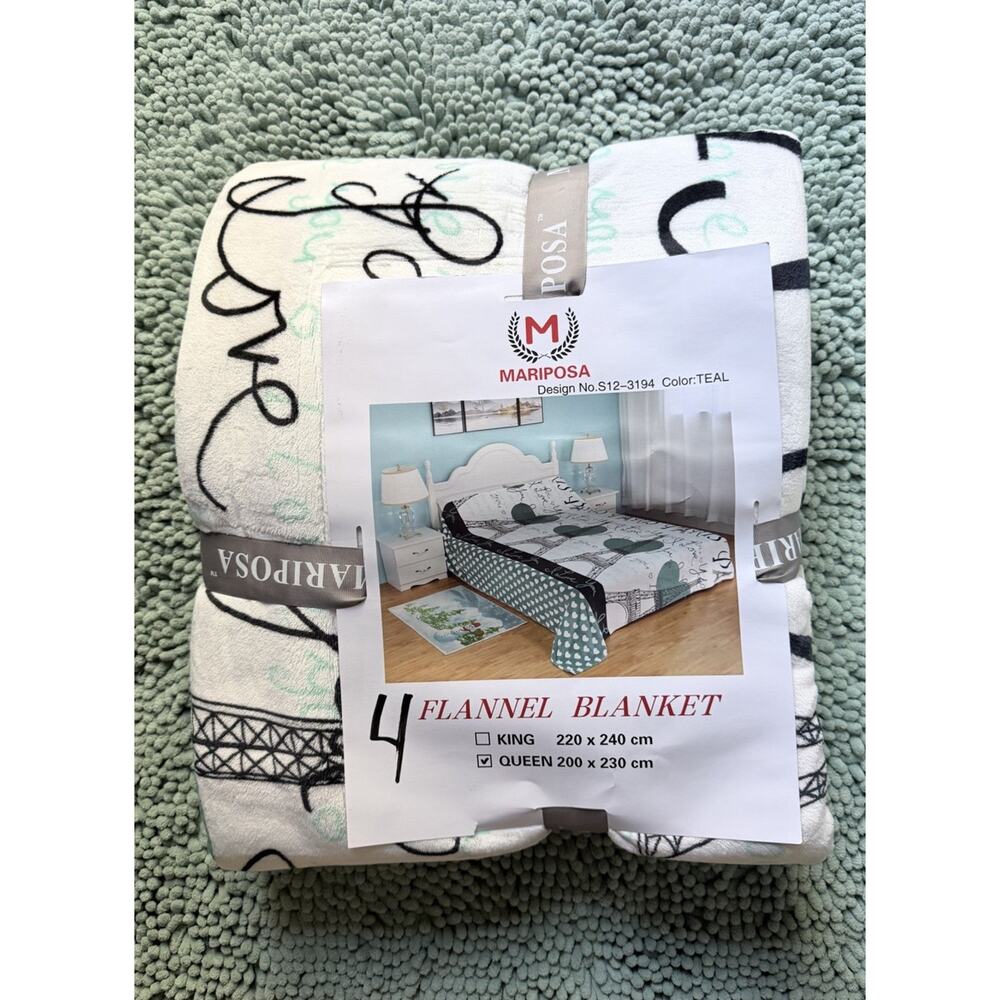 Mariposa Rabbit Soft Plush Blanket Queen Size With Hearts And Eiffel Tower NWT